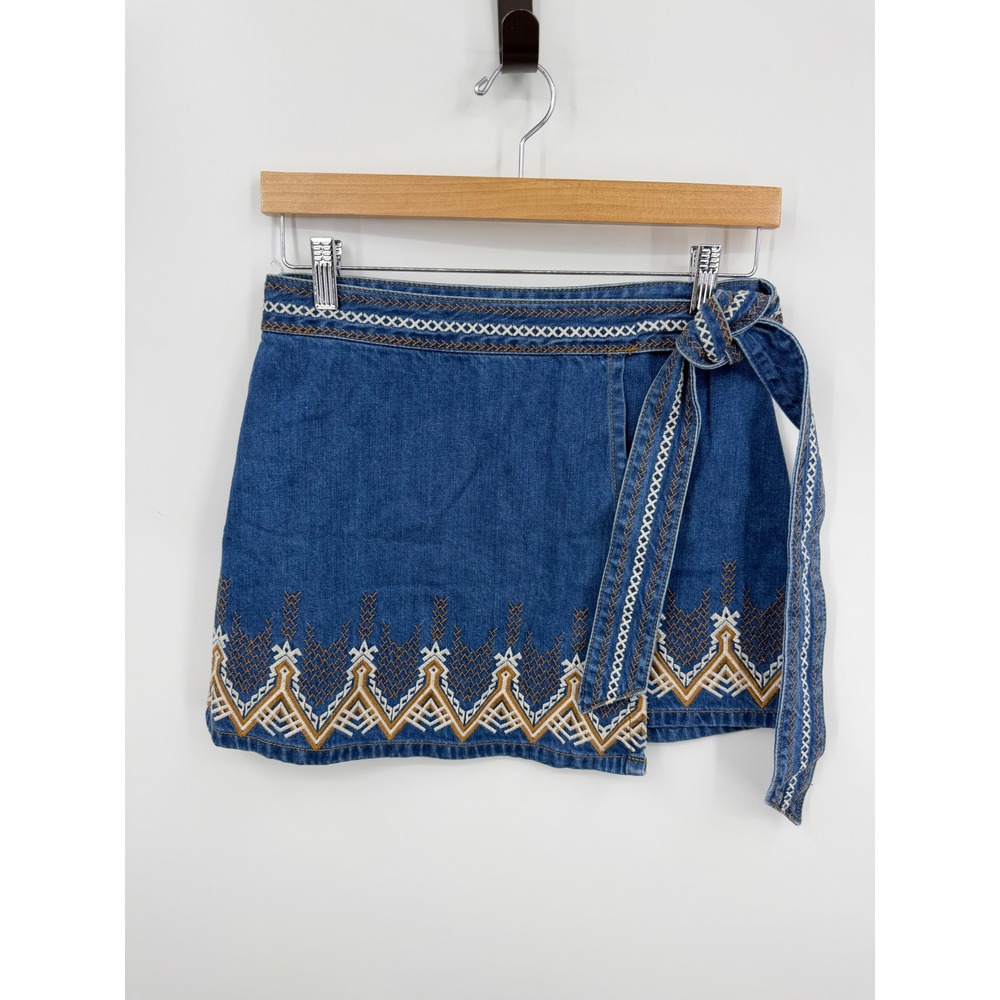 Free People Embroidered Denim Wrap Skirt Women Size 2 Blue Boho Mini